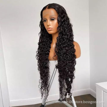 Factory wholesale 10a grade raw unprocessed indian human hair wig cuticle aligned water wave lace front wig